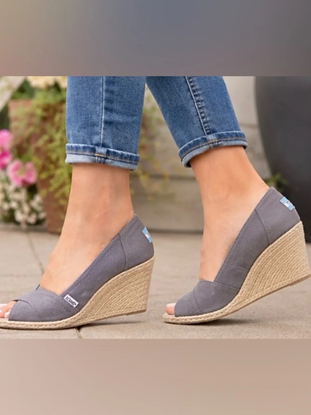 TOMS Gray Canvas Peep Toe Espadrille Wedge Heels Women’s Size 9 EU 40 Casual Com